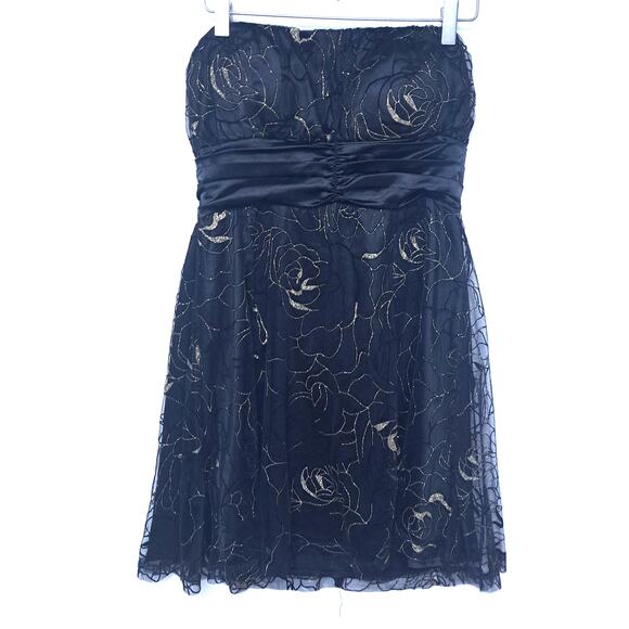 Aggie Sparkle Gold Black Lace Strapless Short Dress Large - Picture 1 of 6